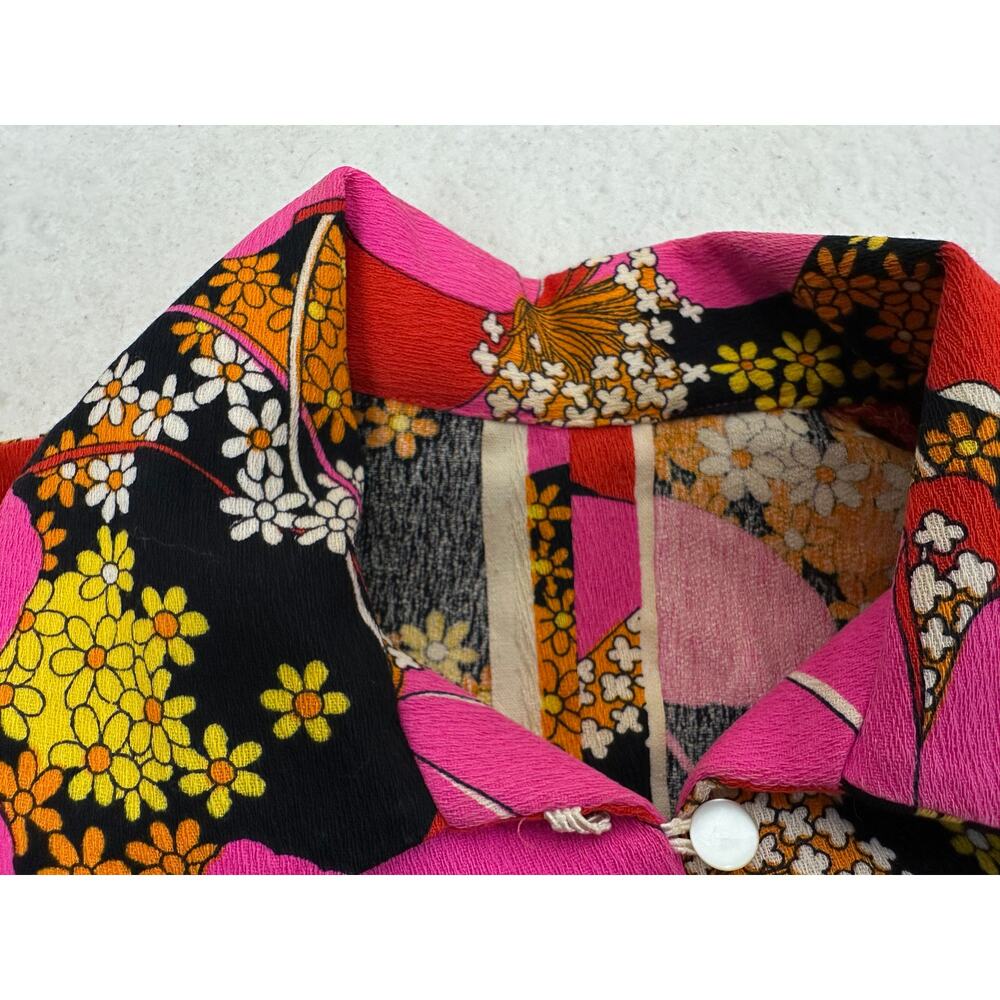 Vintage 60's 70's Mod Floral Shirt Dress Rock Bold Pointed Collar SZ L Retro - Picture 8 of 12